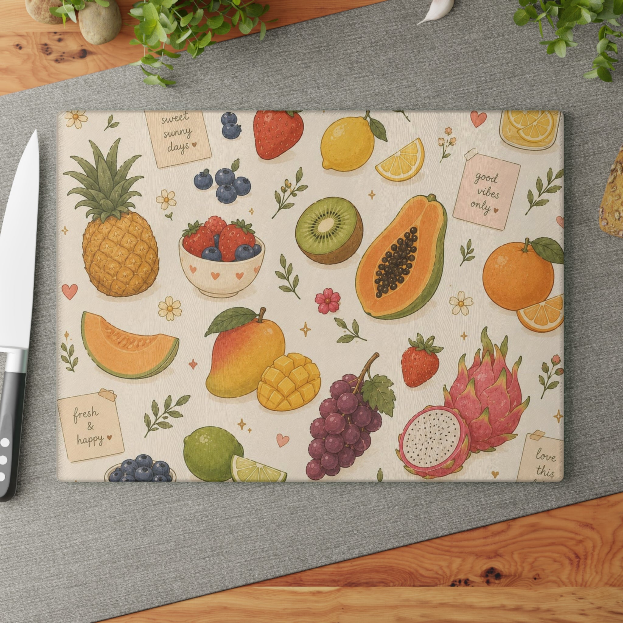 Tropical Fruit Glass Cutting Board — Colorful Summer Fruit Pattern