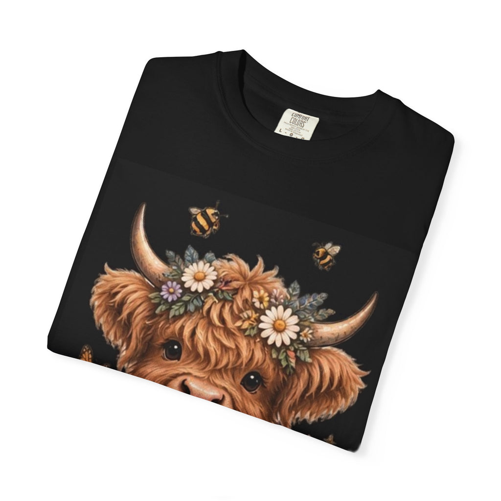 Highland Cow Floral Tee — Cute Cow with Flower Crown T-Shirt