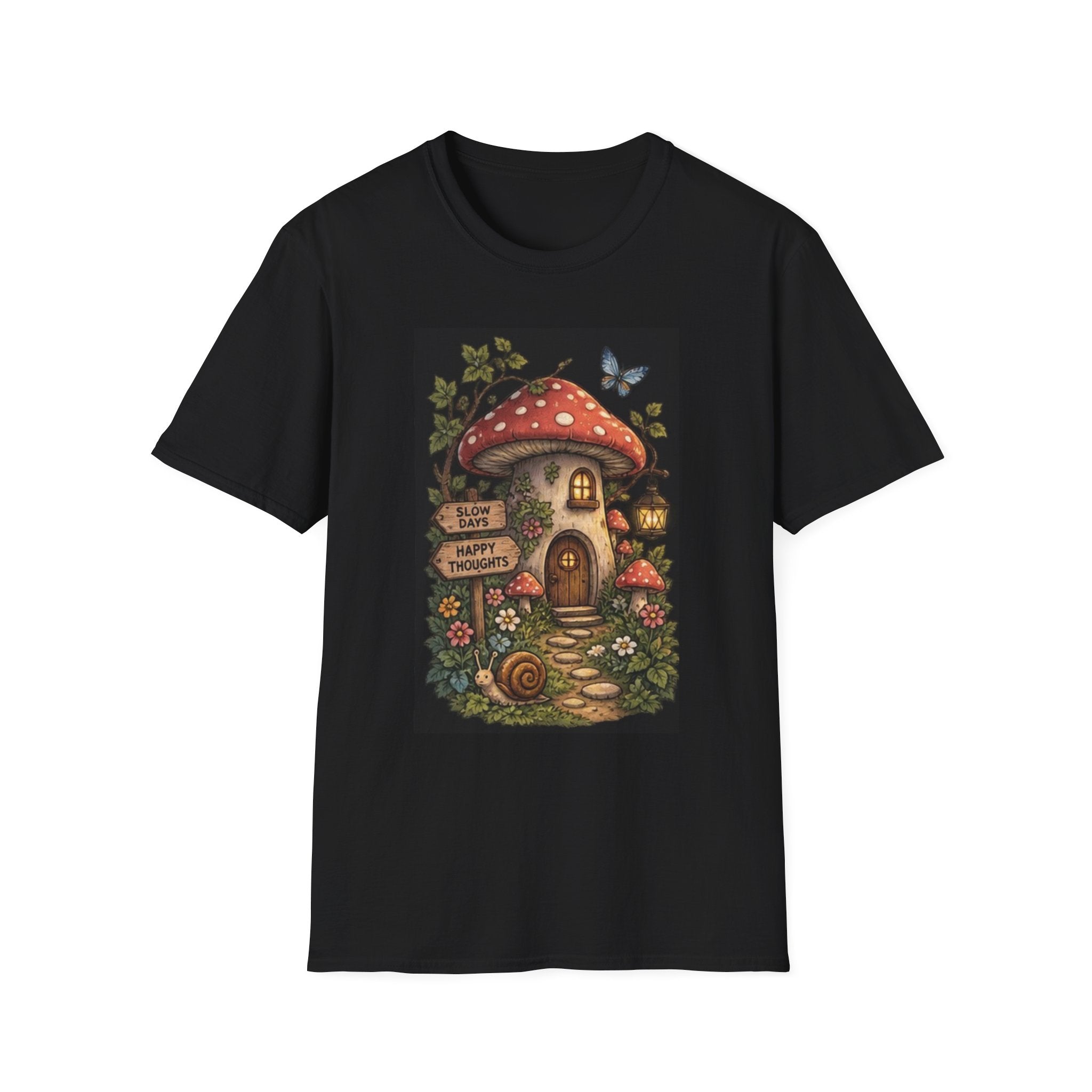 Mushroom Cottage T-Shirt — "Slow Days" Whimsical Garden Tee