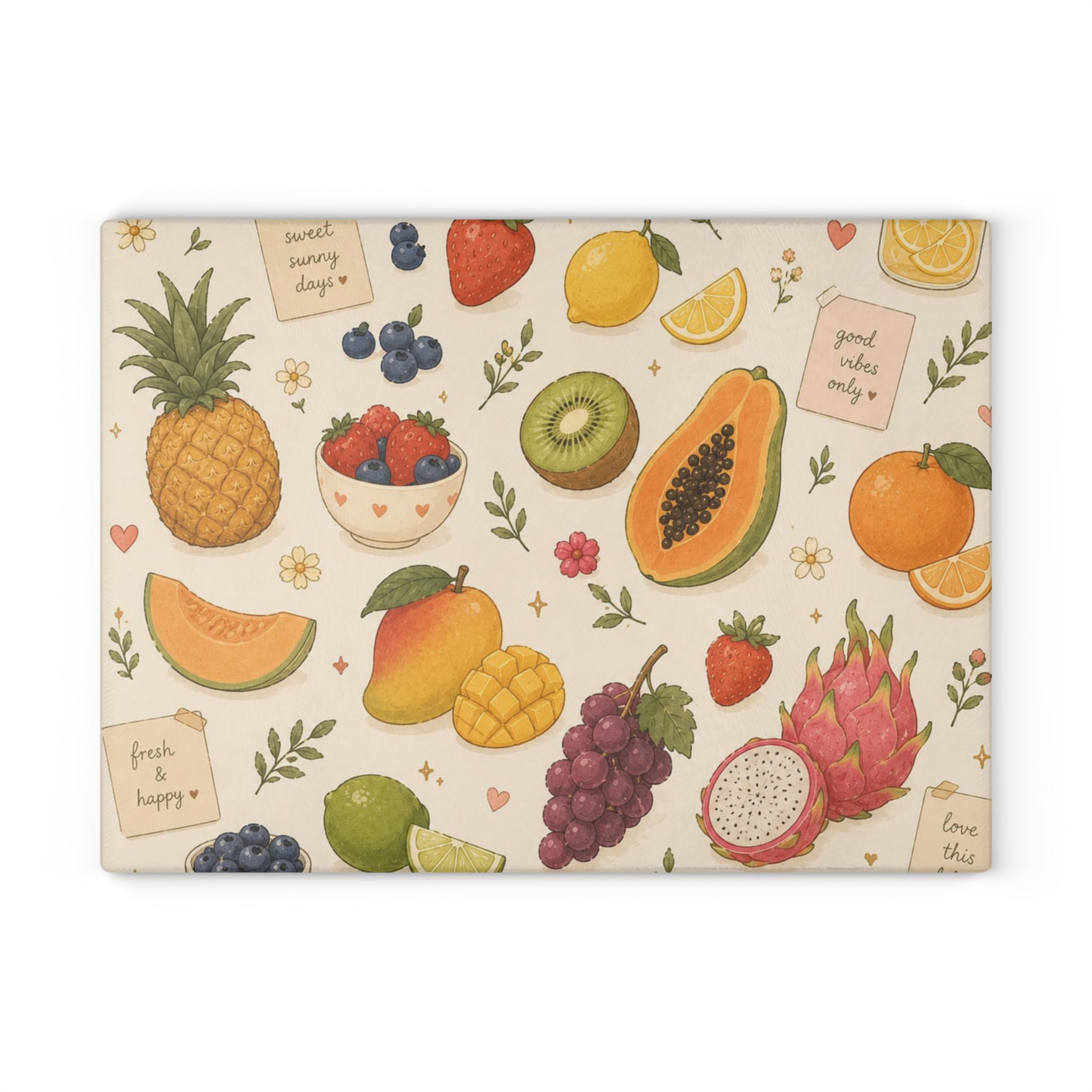 Tropical Fruit Glass Cutting Board — Colorful Summer Fruit Pattern