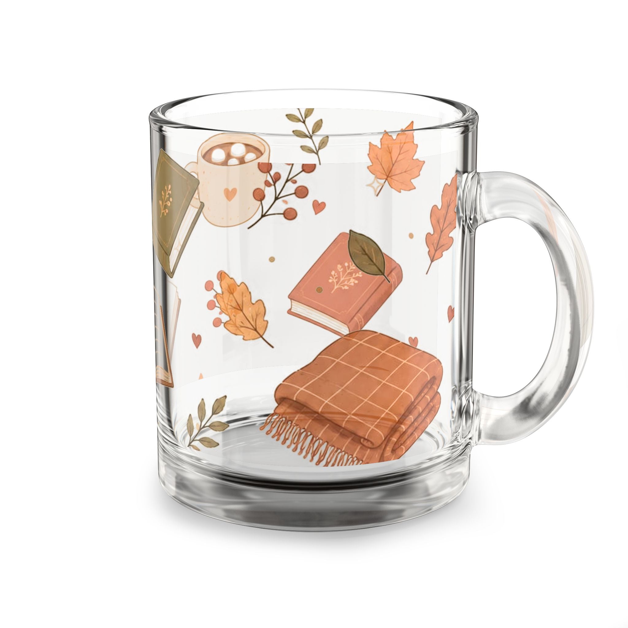 Autumn Cozy Glass Mug — 10oz Fall Books & Tea Design
