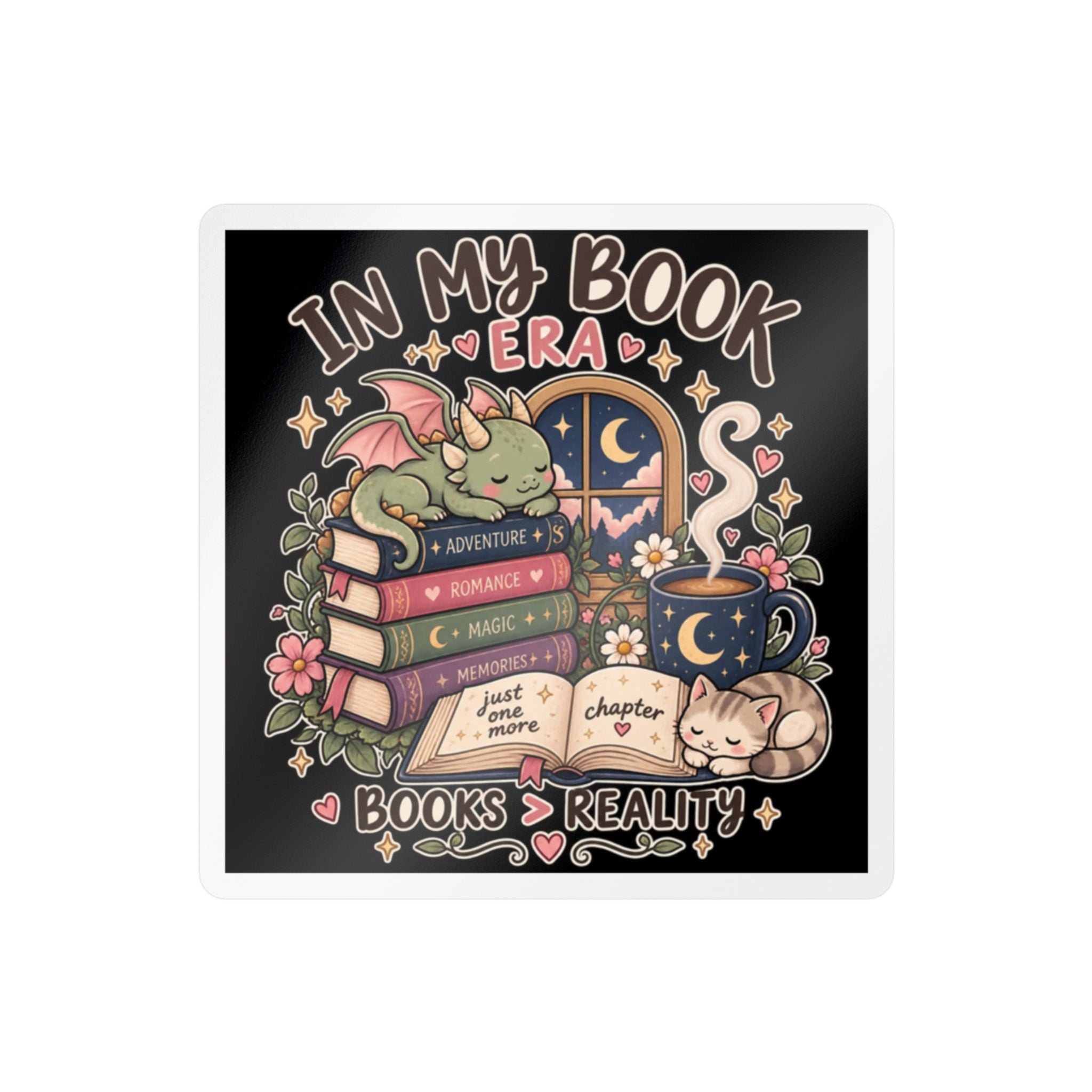 Booklover Kiss-Cut Vinyl Sticker — "In My Book Era" Cute Dragon & Cat Reading Design