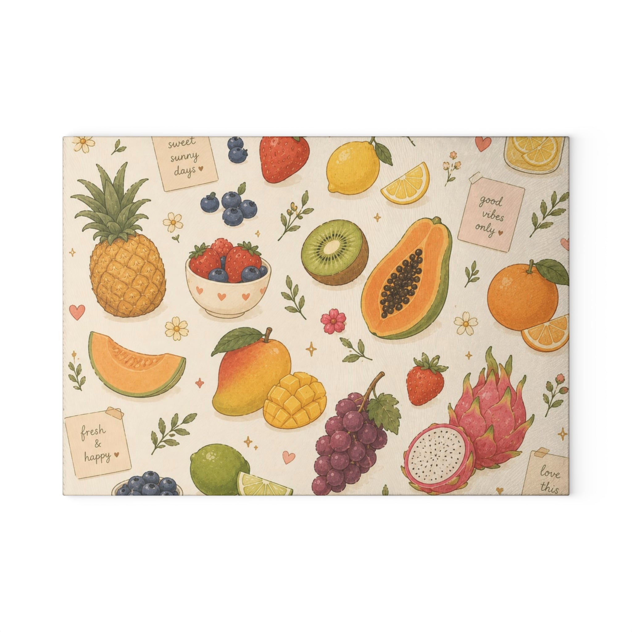 Tropical Fruit Glass Cutting Board — Colorful Summer Fruit Pattern