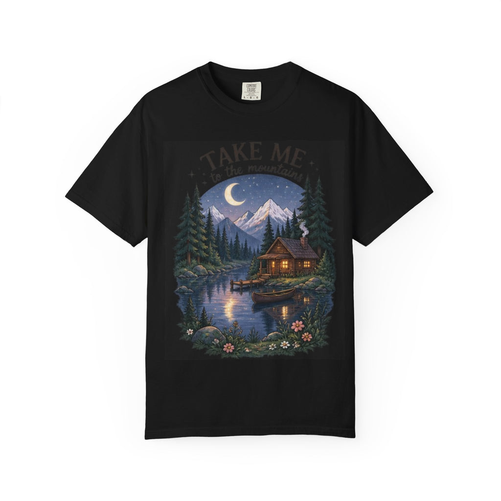 Cabin Nightscape T‑Shirt – "Take Me Back" Moonlit Lake Cabin Tee