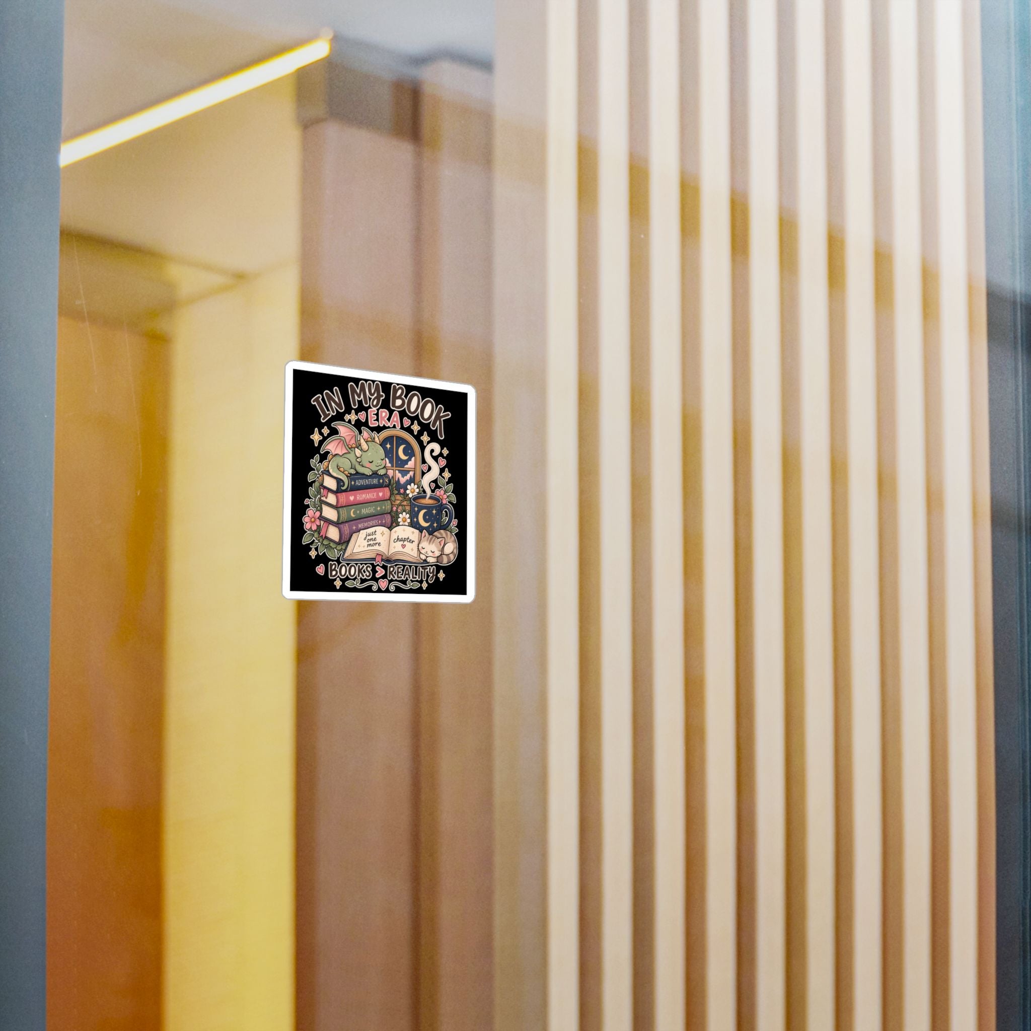 Booklover Kiss-Cut Vinyl Sticker — "In My Book Era" Cute Dragon & Cat Reading Design