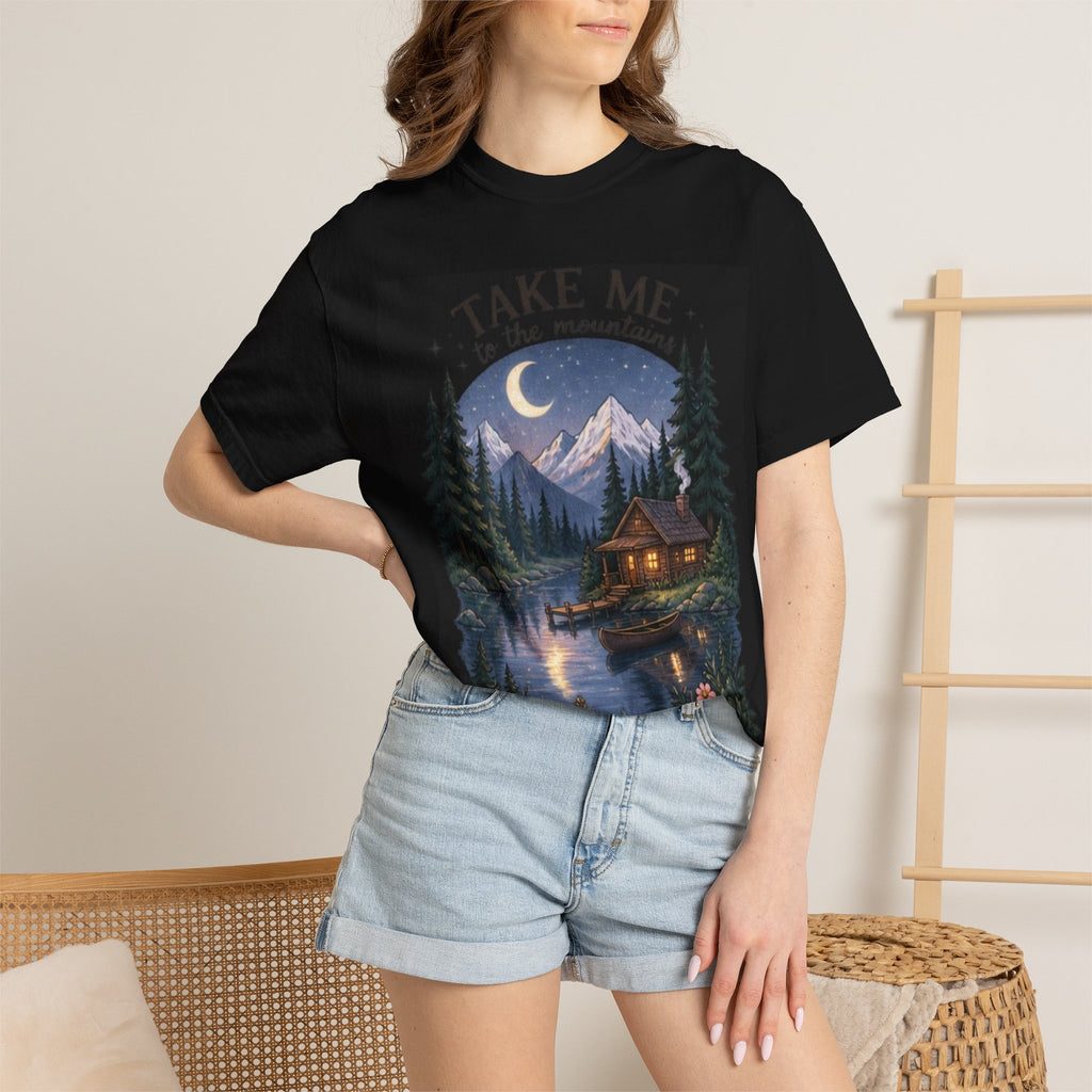 Cabin Nightscape T‑Shirt – "Take Me Back" Moonlit Lake Cabin Tee