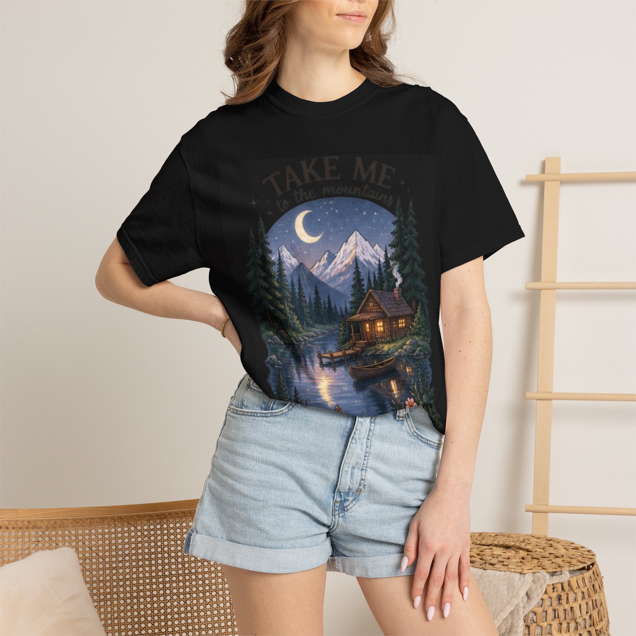 Cabin Nightscape T‑Shirt – "Take Me Back" Moonlit Lake Cabin Tee