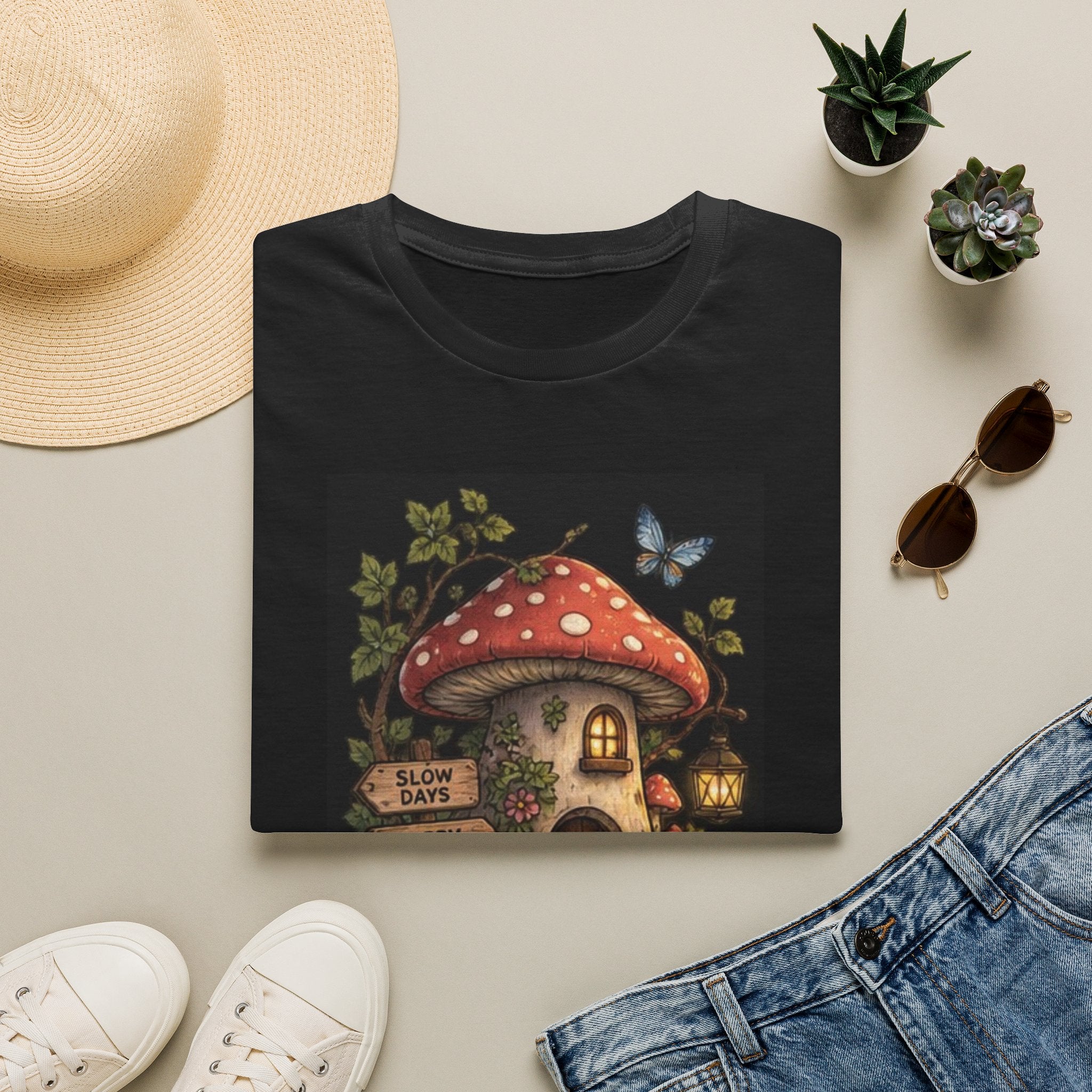 Mushroom Cottage T-Shirt — "Slow Days" Whimsical Garden Tee