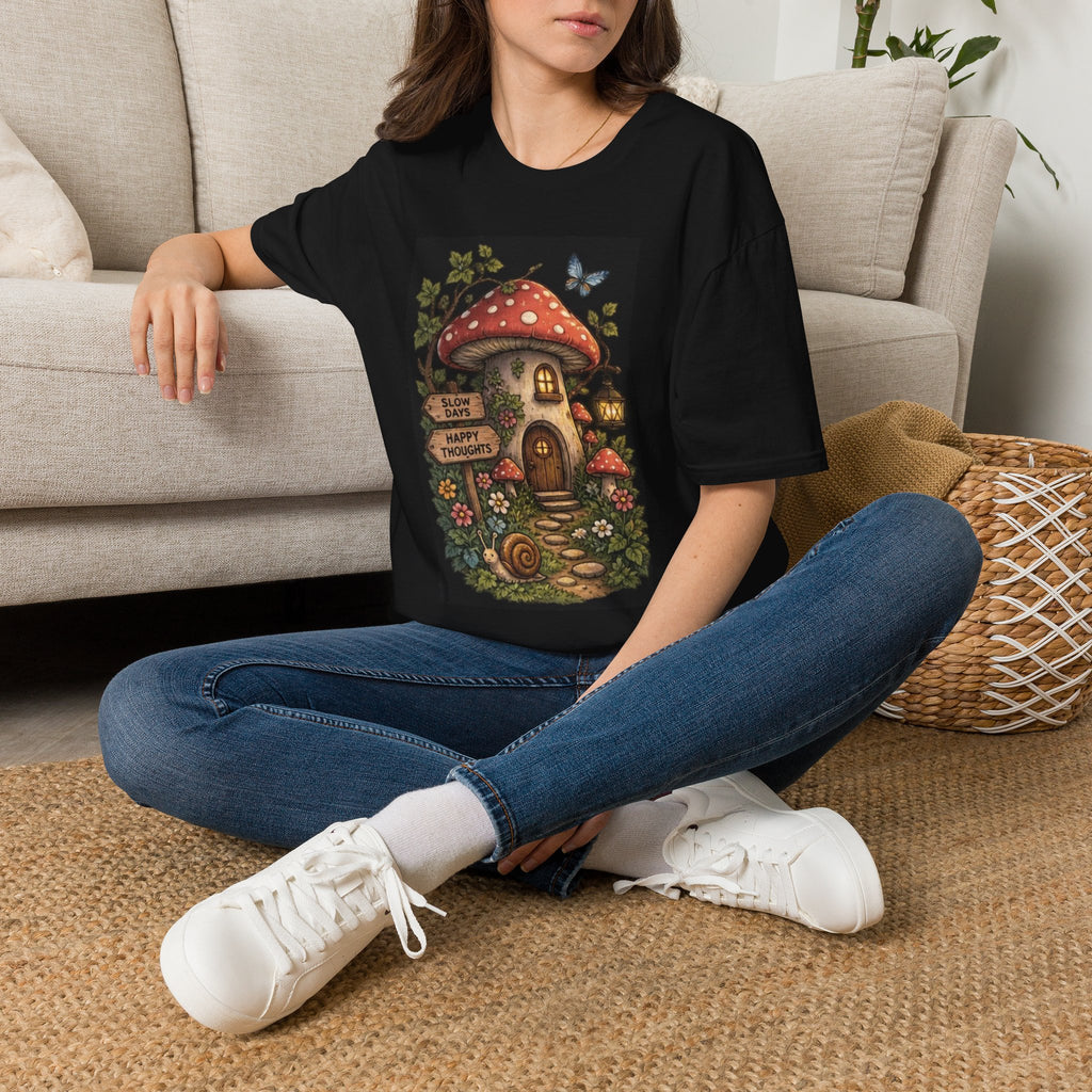 Mushroom Cottage T-Shirt — "Slow Days" Whimsical Garden Tee
