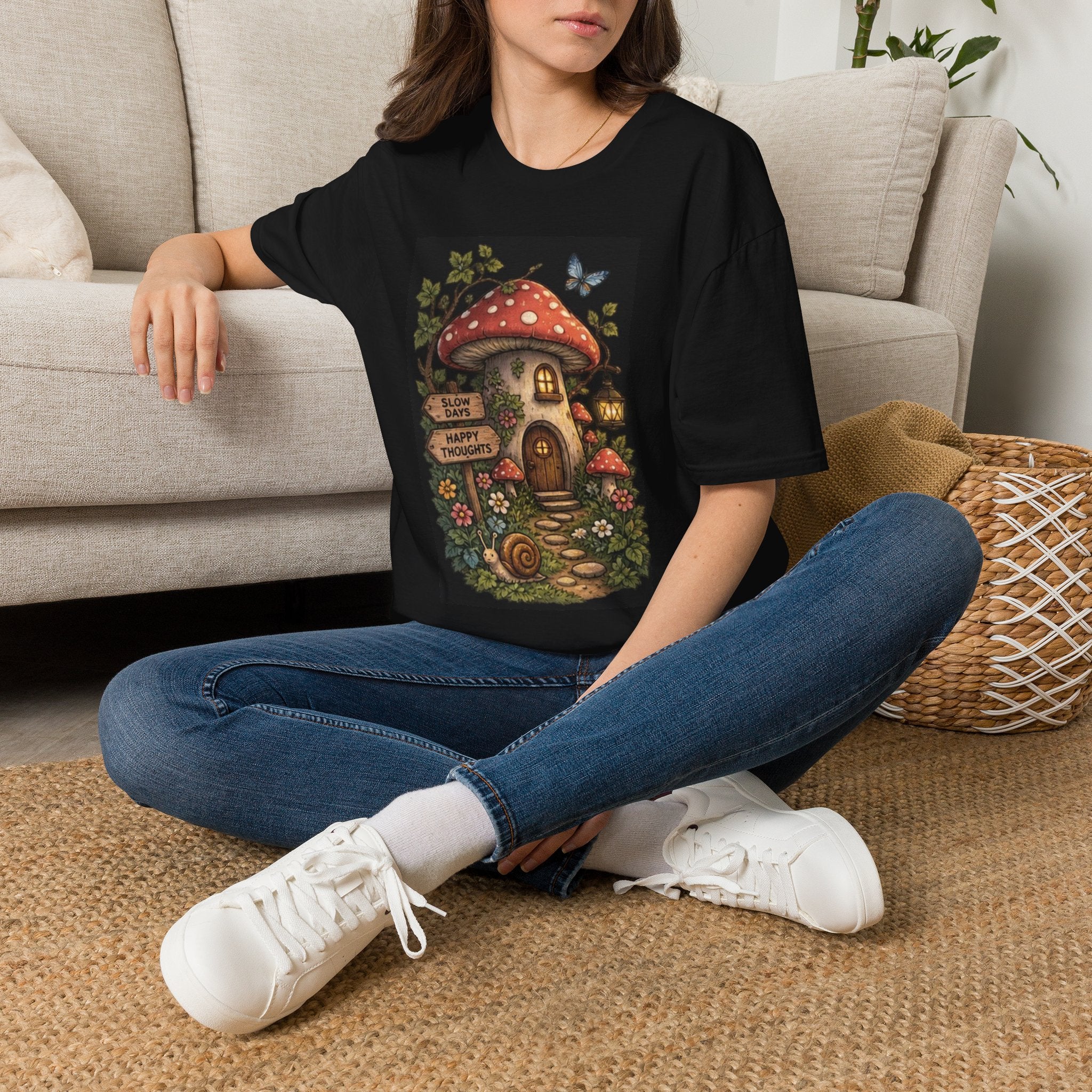 Mushroom Cottage T-Shirt — "Slow Days" Whimsical Garden Tee