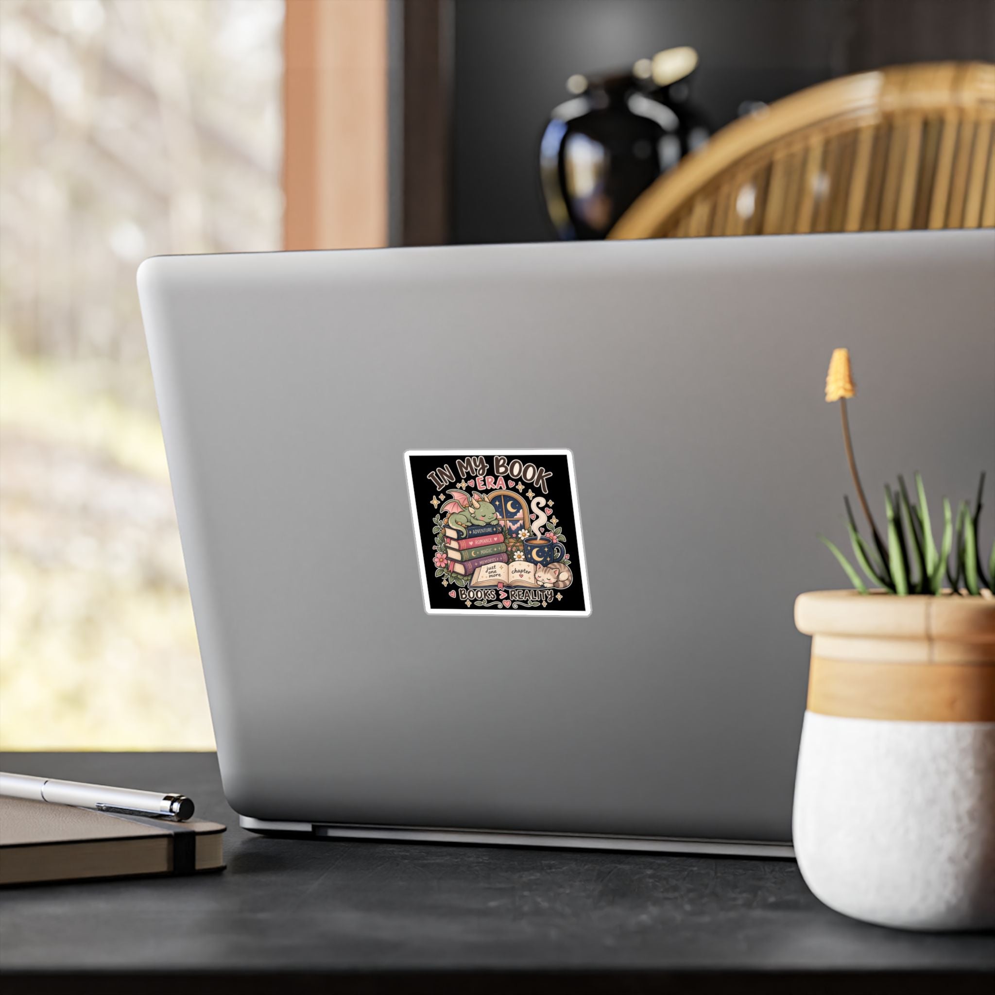 Booklover Kiss-Cut Vinyl Sticker — "In My Book Era" Cute Dragon & Cat Reading Design