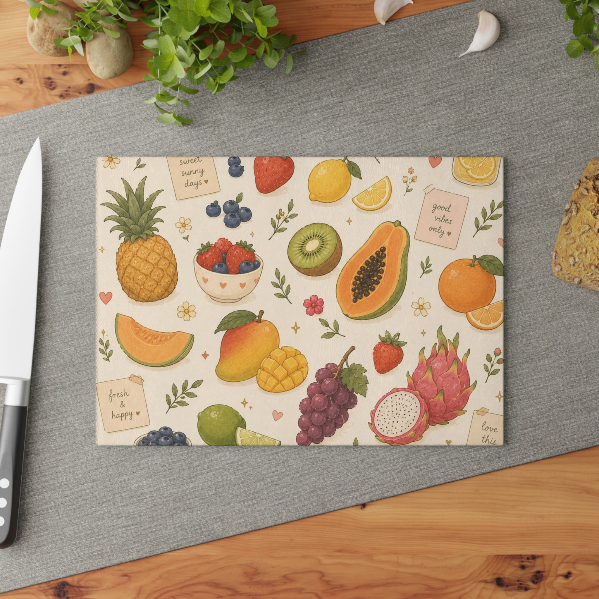 Tropical Fruit Glass Cutting Board — Colorful Summer Fruit Pattern