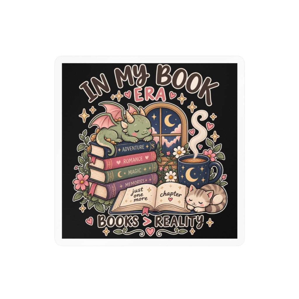 Booklover Kiss-Cut Vinyl Sticker — "In My Book Era" Cute Dragon & Cat Reading Design