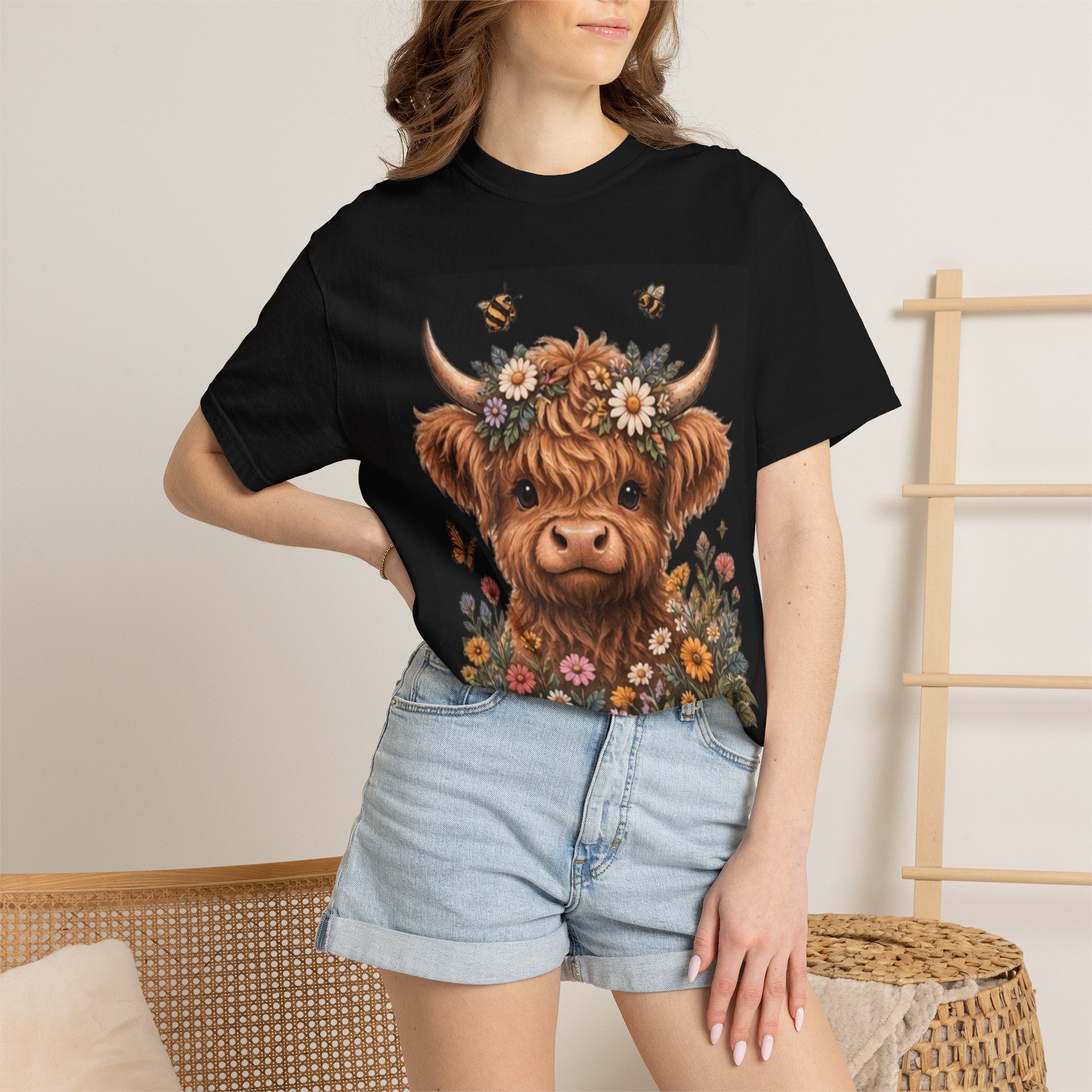 Highland Cow Floral Tee — Cute Cow with Flower Crown T-Shirt
