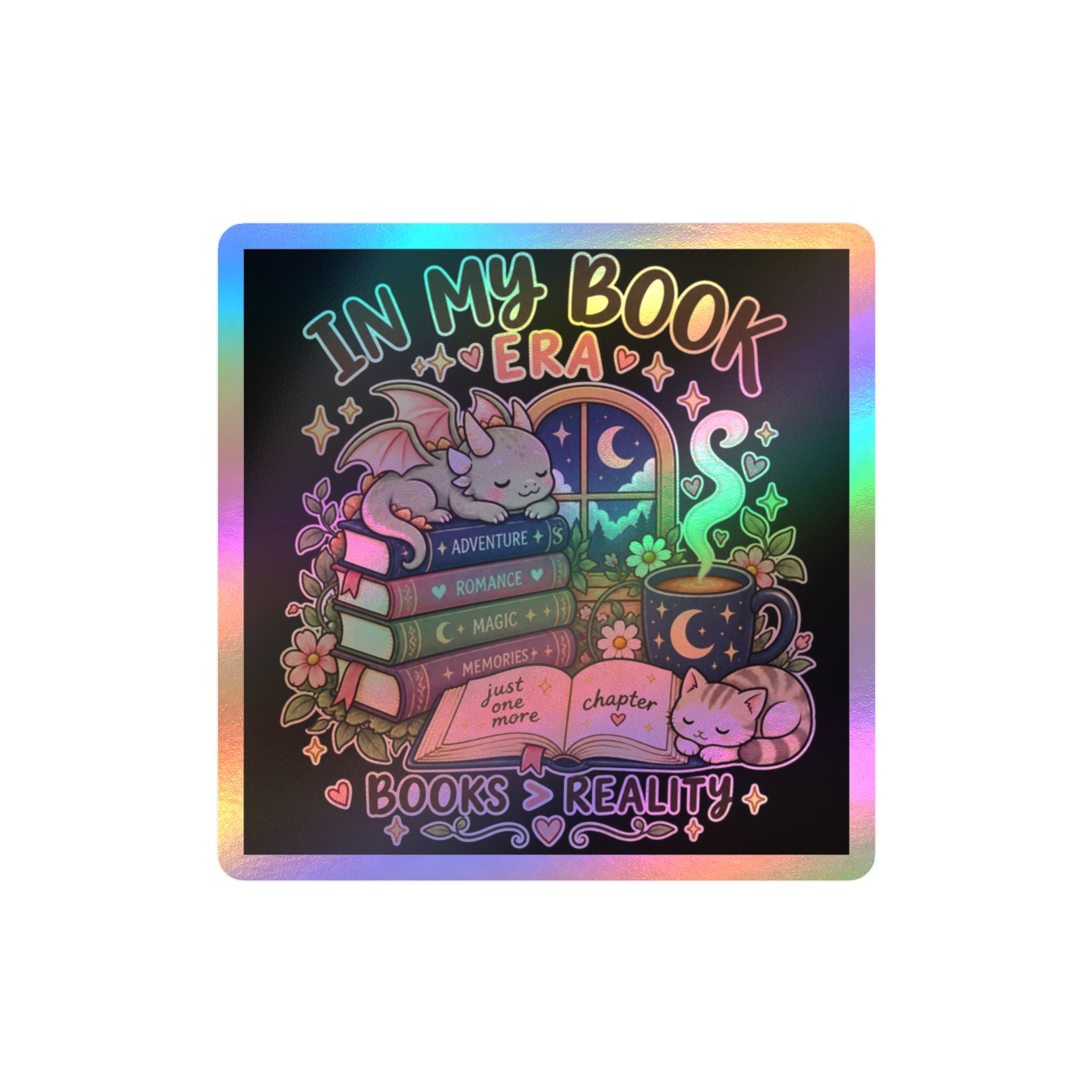 Booklover Kiss-Cut Vinyl Sticker — "In My Book Era" Cute Dragon & Cat Reading Design