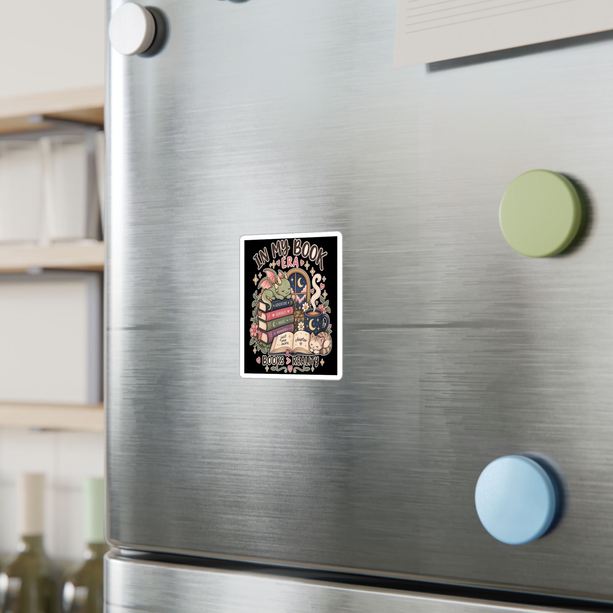 Booklover Kiss-Cut Vinyl Sticker — "In My Book Era" Cute Dragon & Cat Reading Design