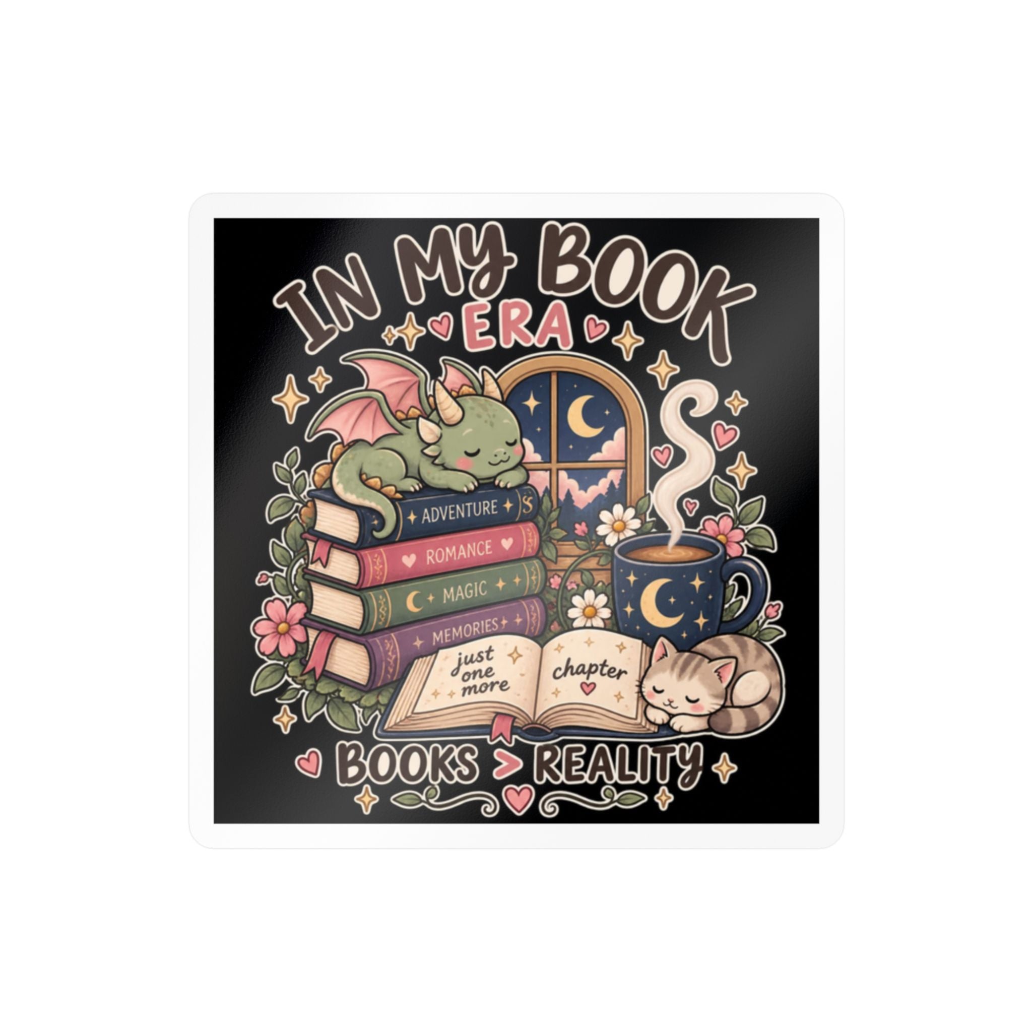Booklover Kiss-Cut Vinyl Sticker — "In My Book Era" Cute Dragon & Cat Reading Design